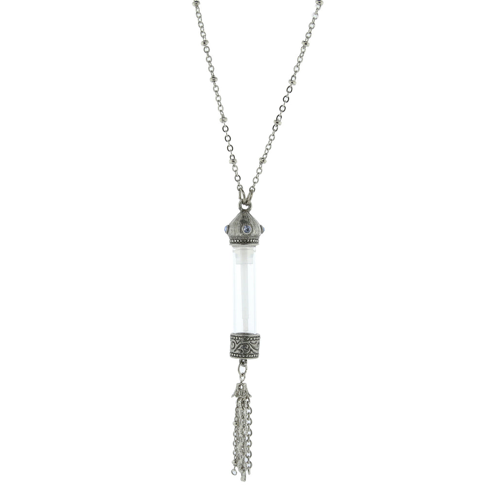 Silver Tone Glass Vial With Blue Crystal Stone Tassel Necklace 30 In