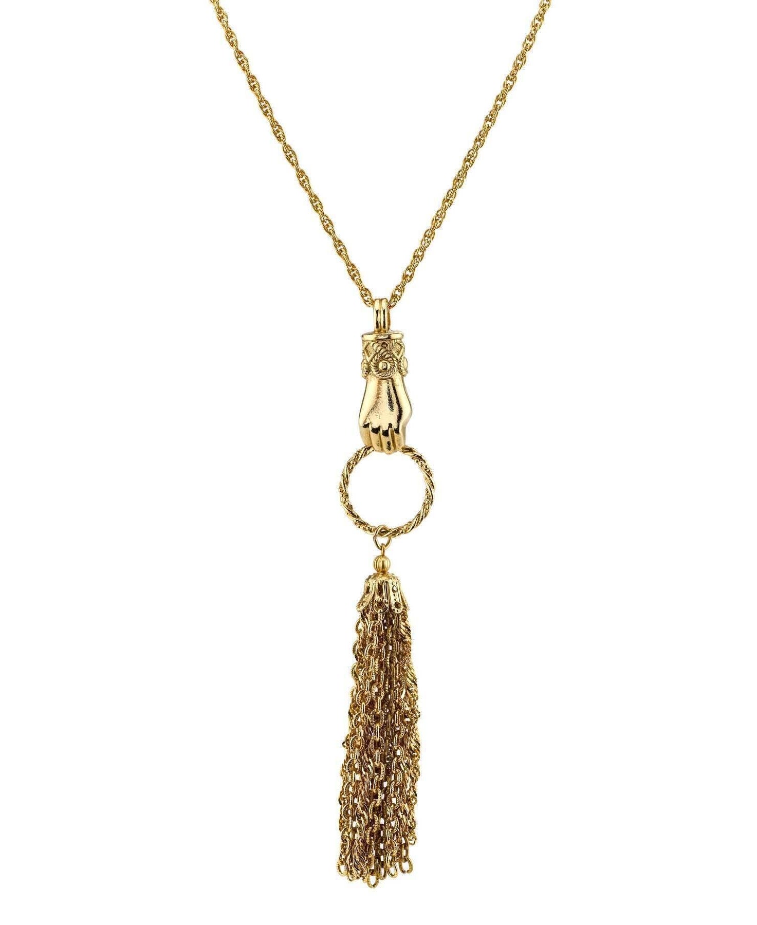 1928 Jewelry Gold Hand And Tassel Necklace 30"