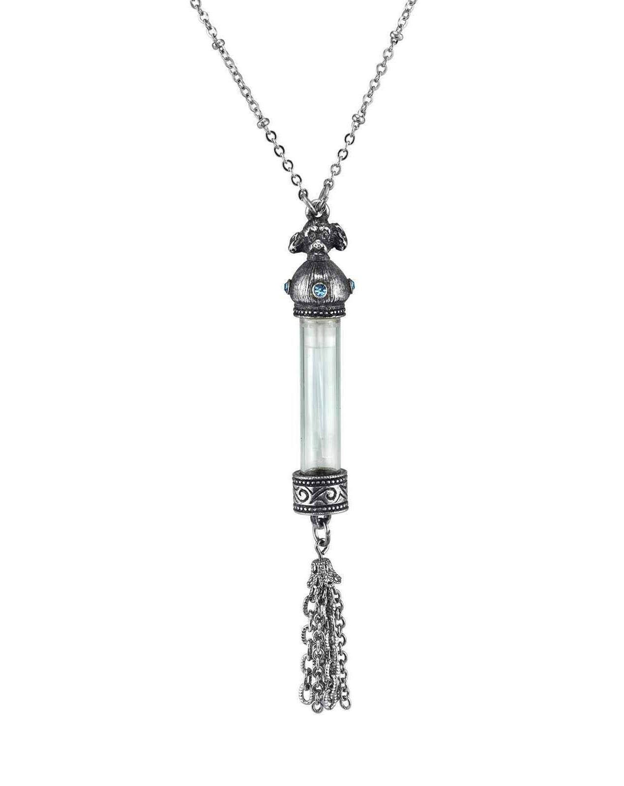 1928 Jewelry Antiqued Dog Light Blue Crystal Glass Vial Tassel Necklace 30"