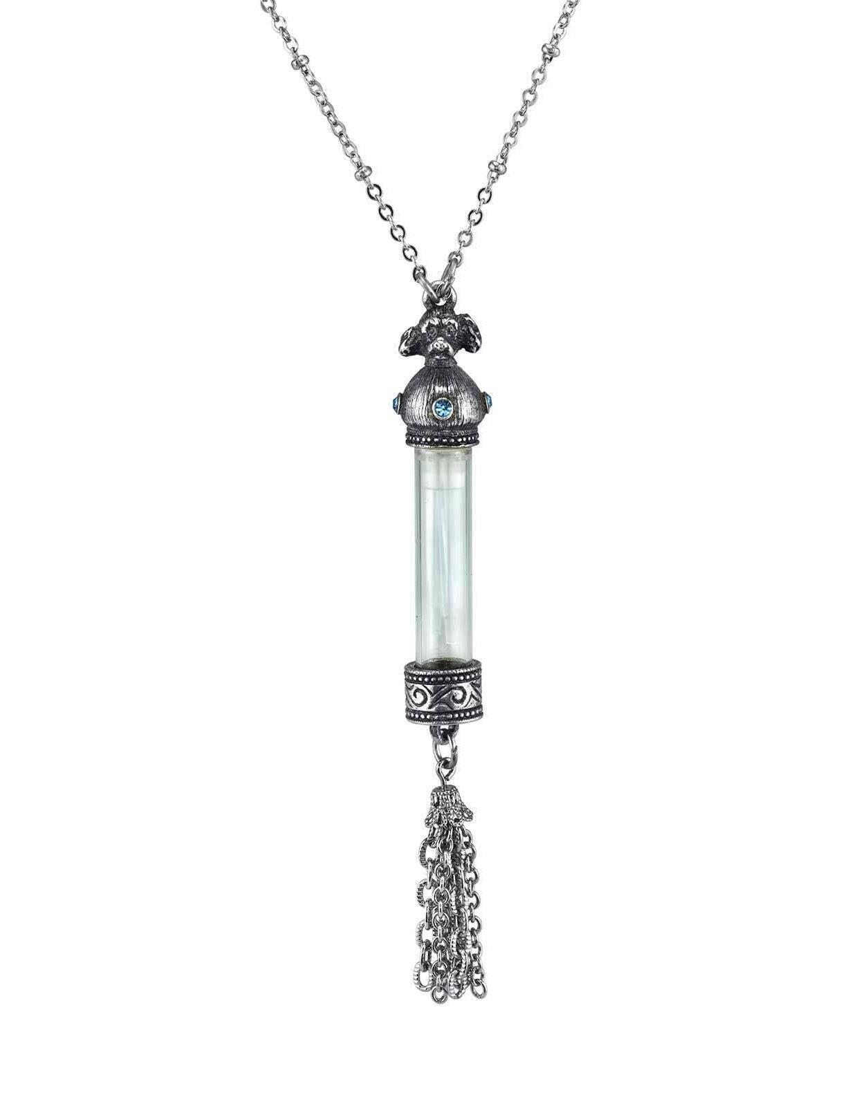 1928 Jewelry Antiqued Dog Light Blue Crystal Glass Vial Tassel Necklace 30"