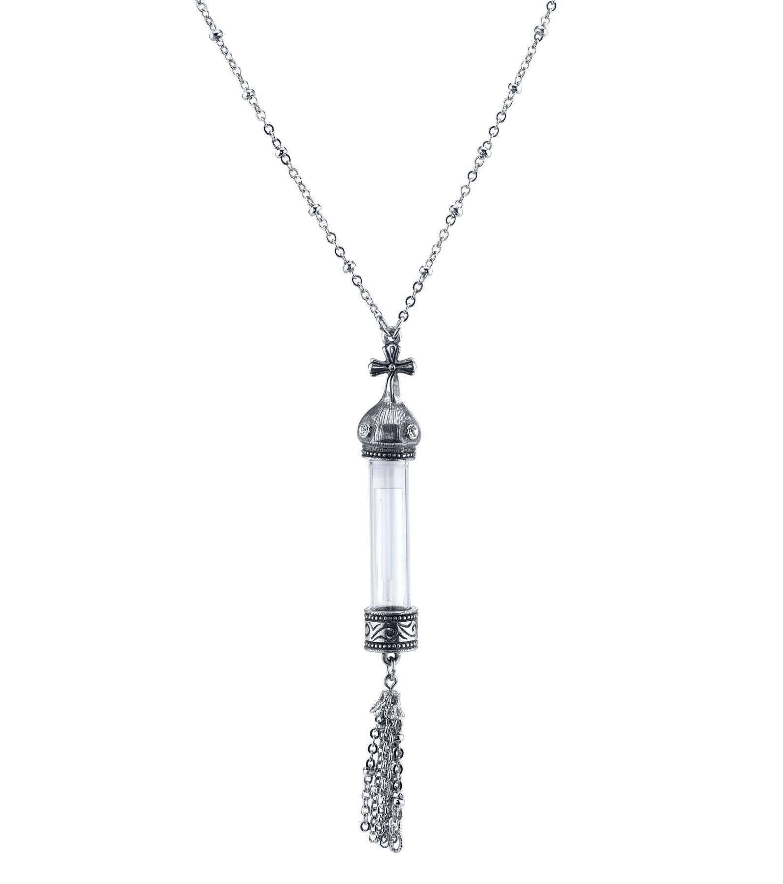 1928 Jewelry Antiqued Cross Cap Clear Crystal Glass Vial Tassel Necklace 30"