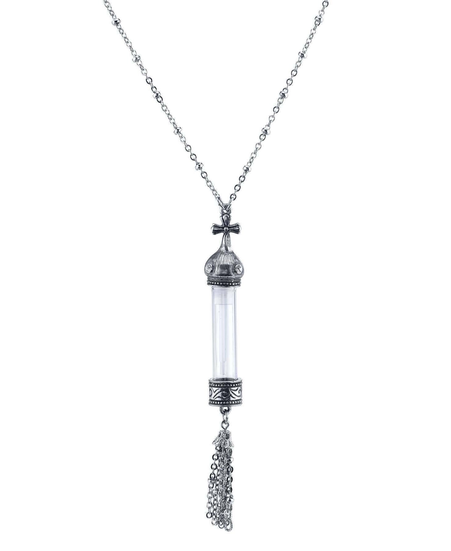 1928 Jewelry Antiqued Cross Cap Clear Crystal Glass Vial Tassel Necklace 30"