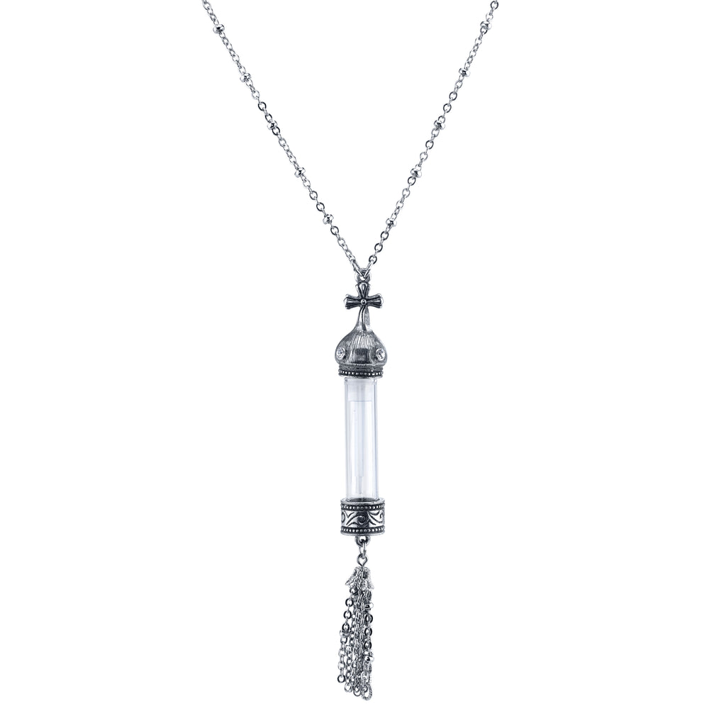 Antiqued Pewter Cross Cap Vial Tassel Necklace 30 In
