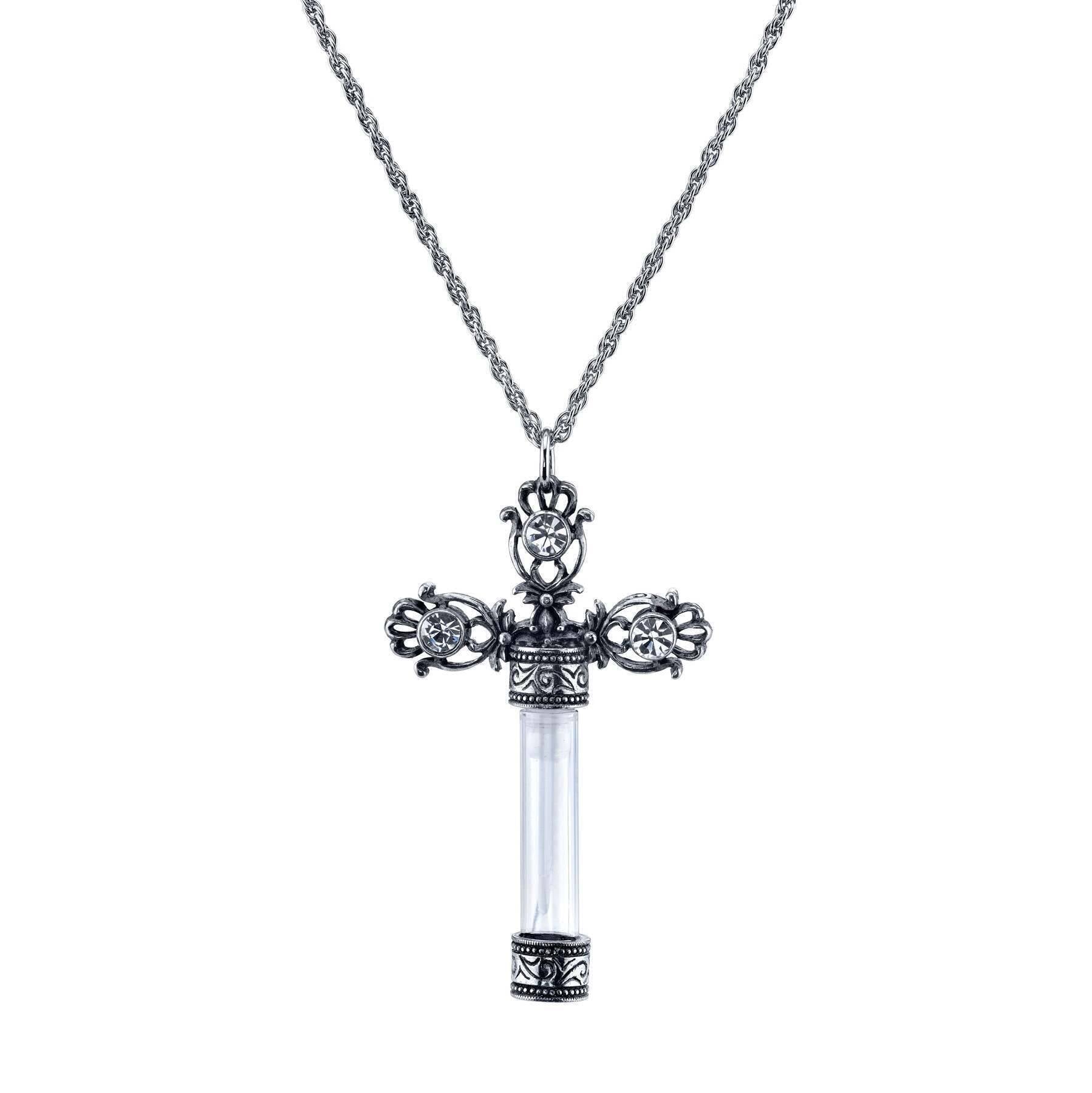 1928 Jewelry Antiqued Ornate Cross Clear Crystal Glass Vial Necklace 30"
