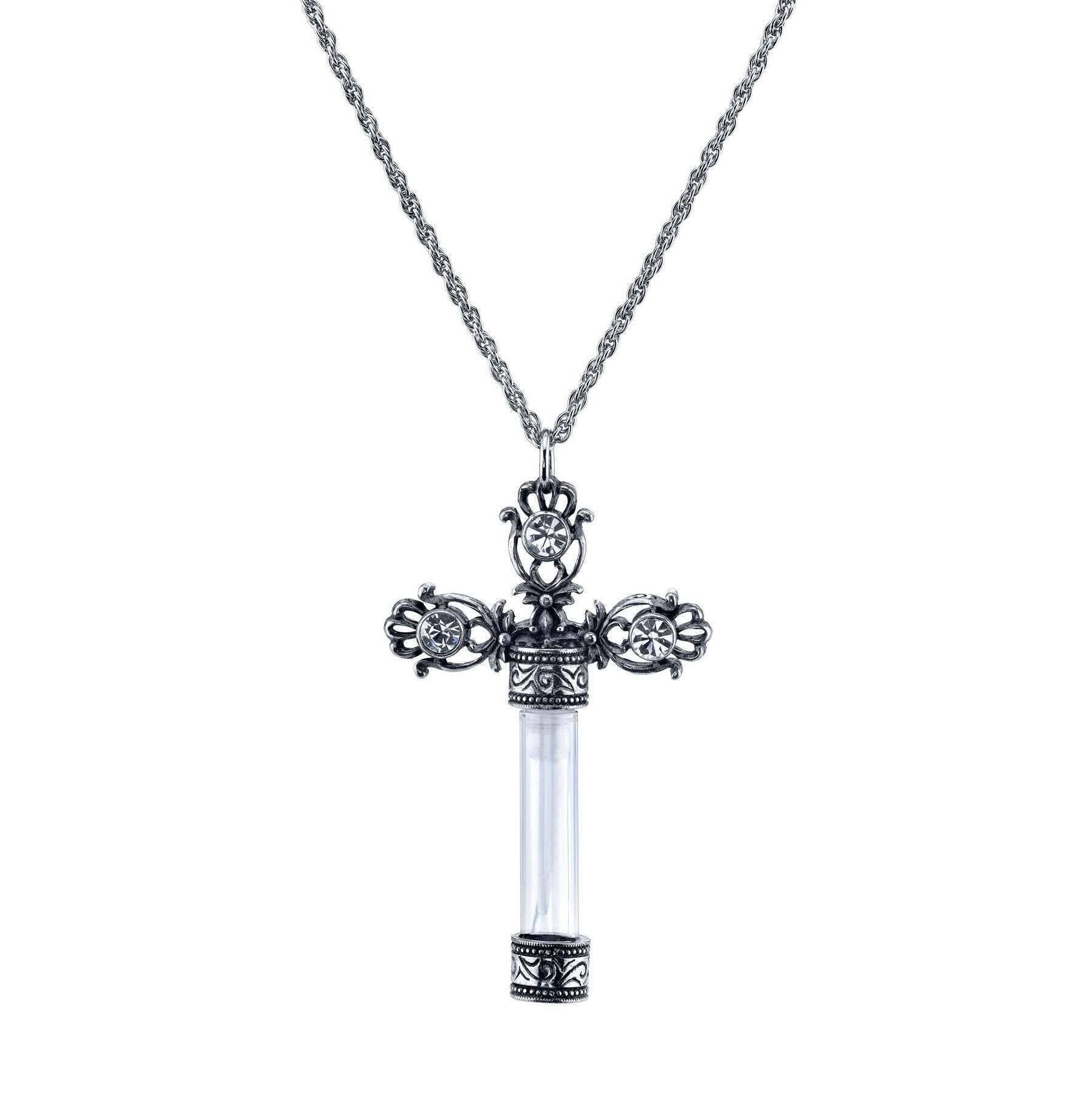 1928 Jewelry Antiqued Ornate Cross Clear Crystal Glass Vial Necklace 30"
