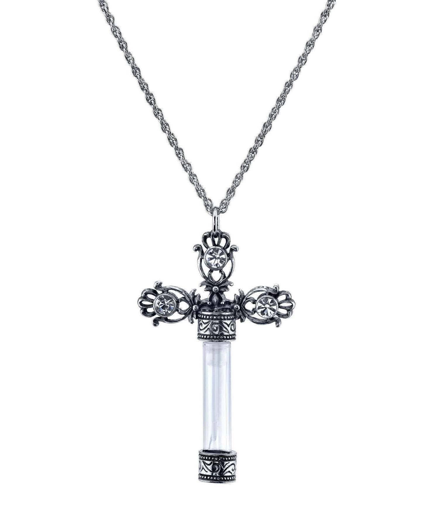 1928 Jewelry Antiqued Ornate Cross Clear Crystal Glass Vial Necklace 30"
