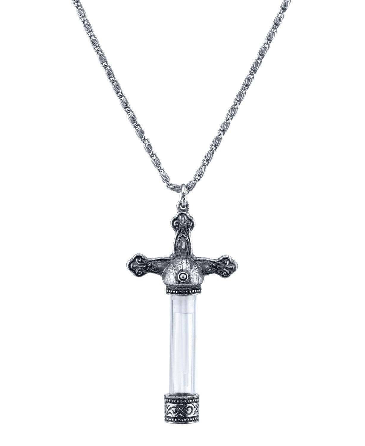 1928 Jewelry Antiqued Vintage Style Cross Glass Vial Necklace 30"