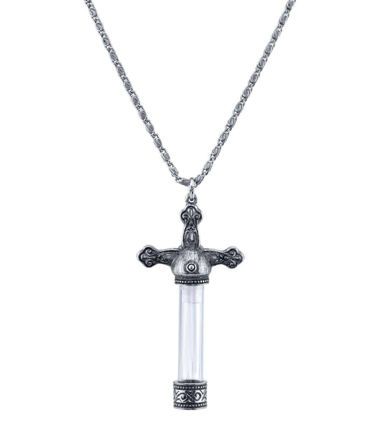 1928 Jewelry Antiqued Vintage Style Cross Glass Vial Necklace 30"