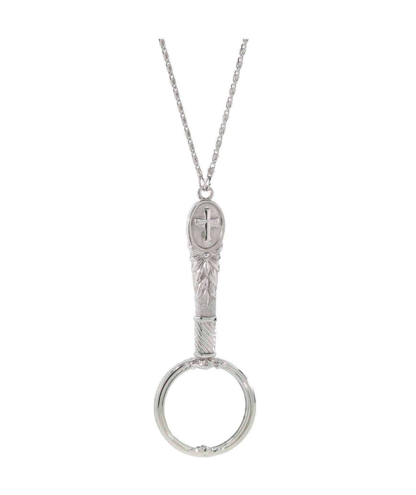 1928 Jewelry Antiqued Pewter Cross Etched Magnifying Glass Necklace 28" - Magnification Power: 2X