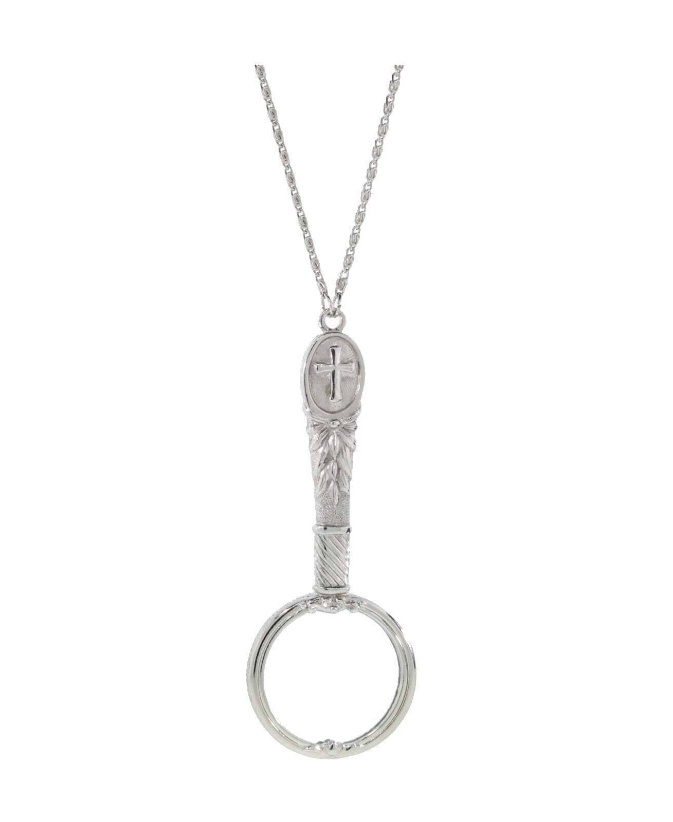 1928 Jewelry Antiqued Pewter Cross Etched Magnifying Glass Necklace 28" - Magnification Power: 2X