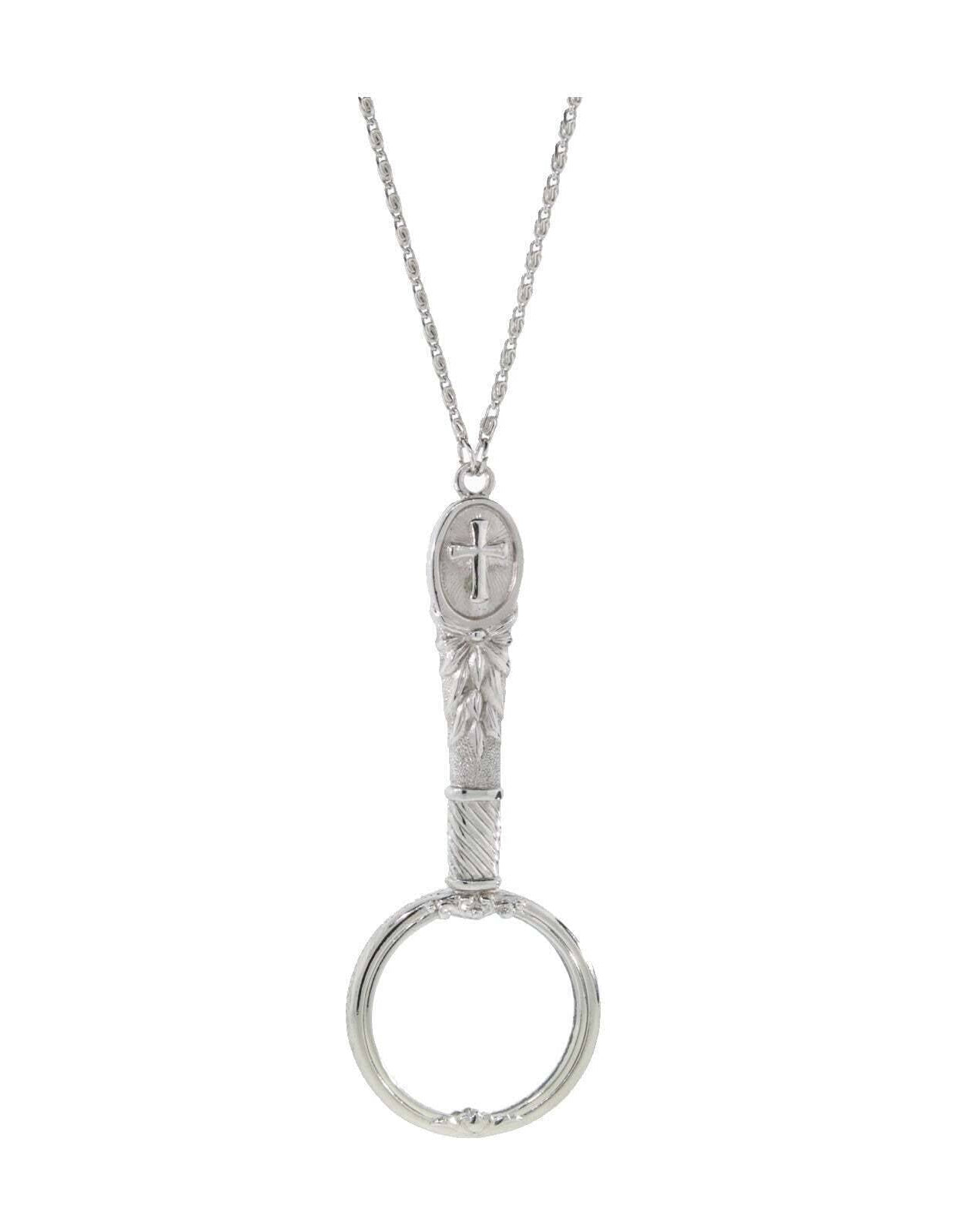 1928 Jewelry Antiqued Pewter Cross Etched Magnifying Glass Necklace 28" - Magnification Power: 2X
