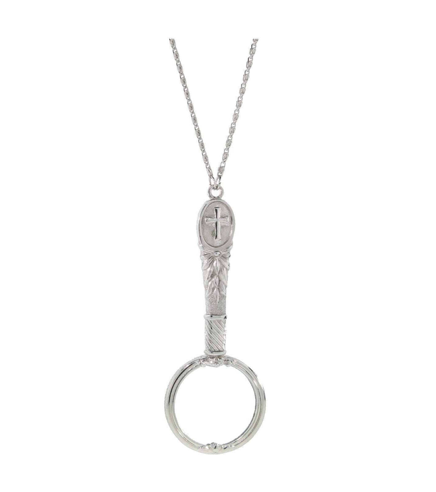 1928 Jewelry Antiqued Pewter Cross Etched Magnifying Glass Necklace 28" - Magnification Power: 2X