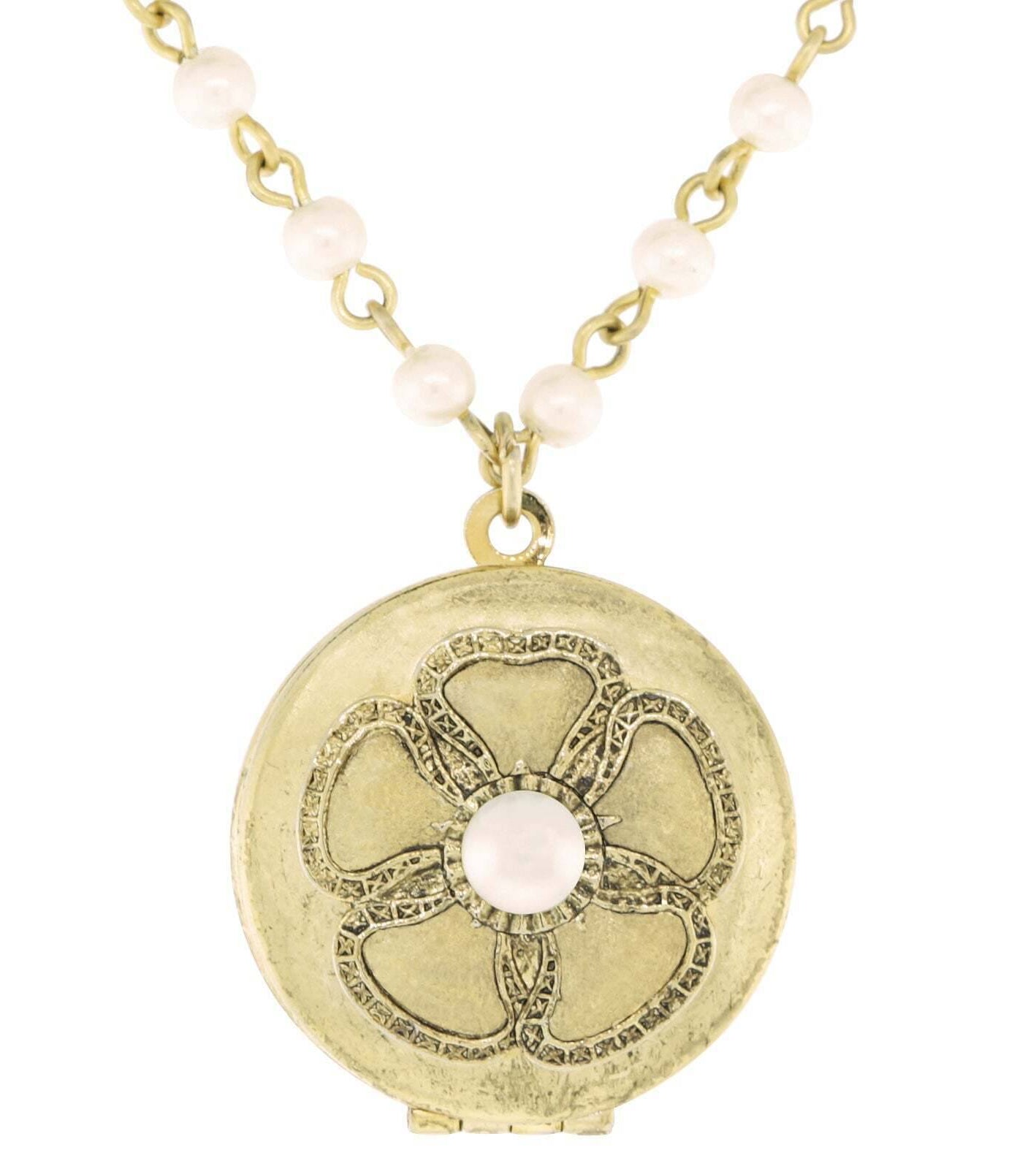 1928 Jewelry Faux Pearl Chain Locket Necklace 18"