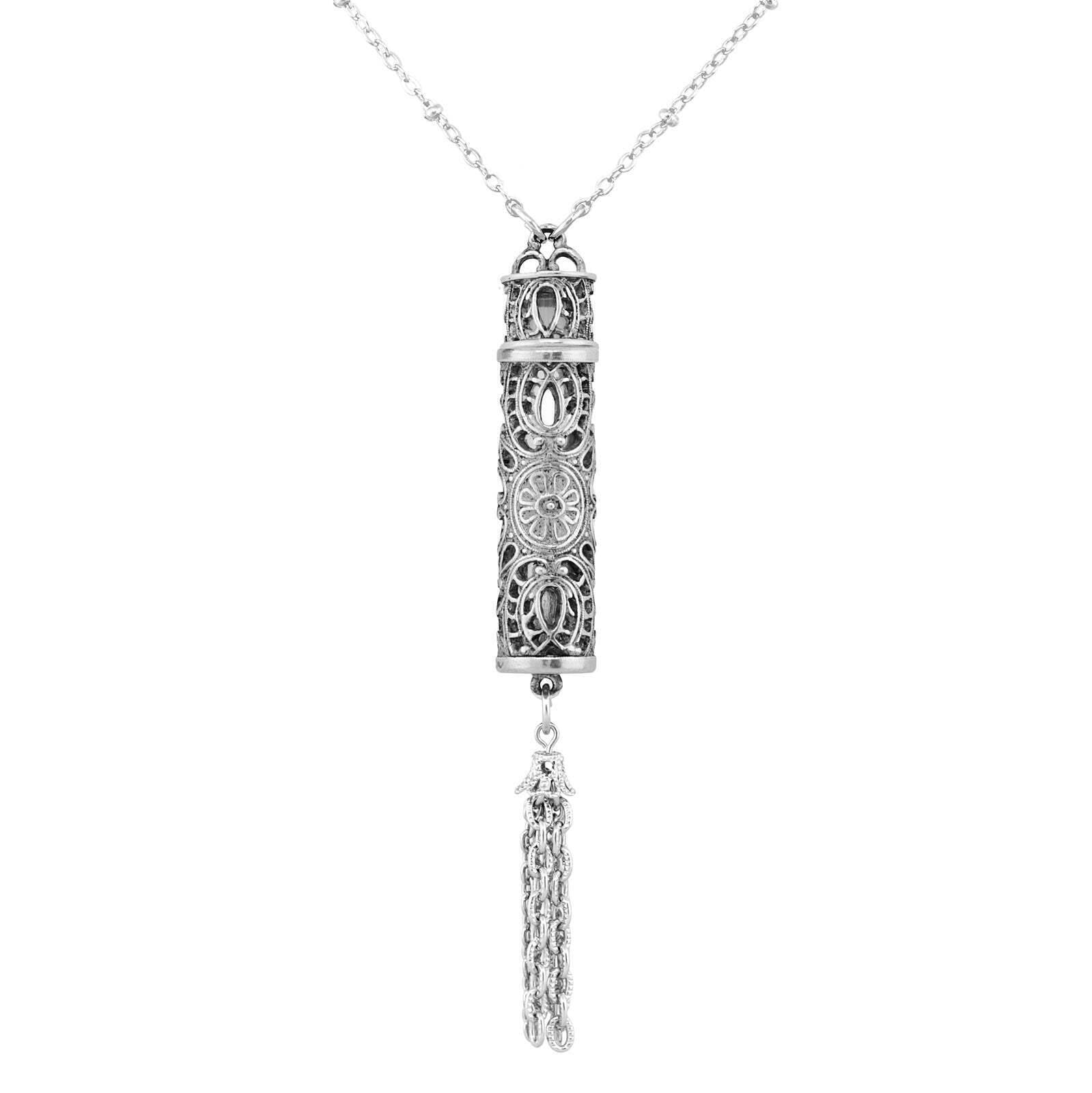 1928 Jewelry Antiqued Filigrana Glass Vial Tassel Necklace 28"