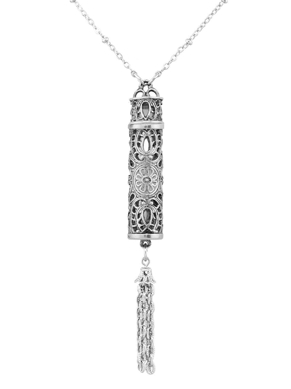1928 Jewelry Antiqued Filigrana Glass Vial Tassel Necklace 28"