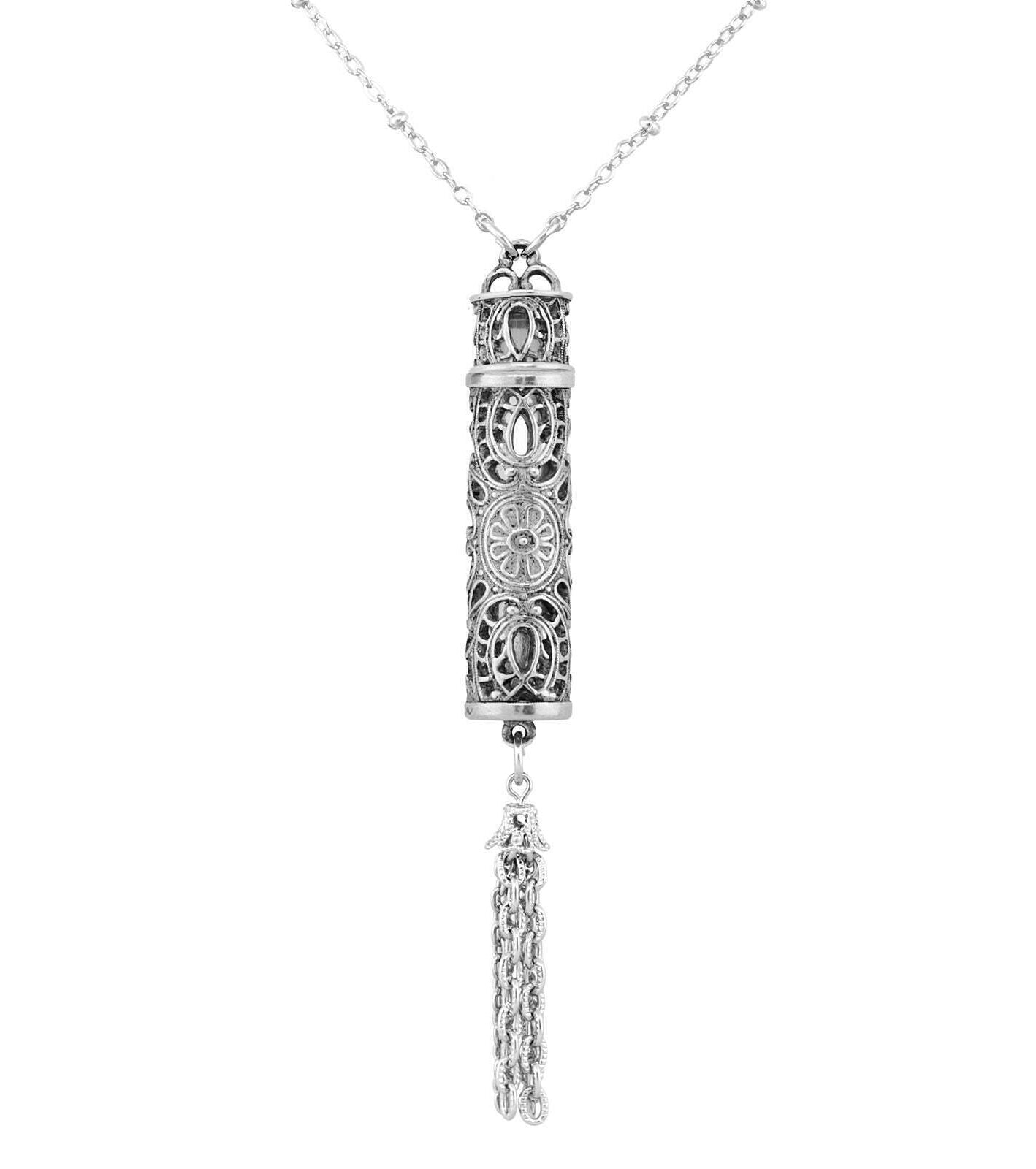 1928 Jewelry Antiqued Filigrana Glass Vial Tassel Necklace 28"
