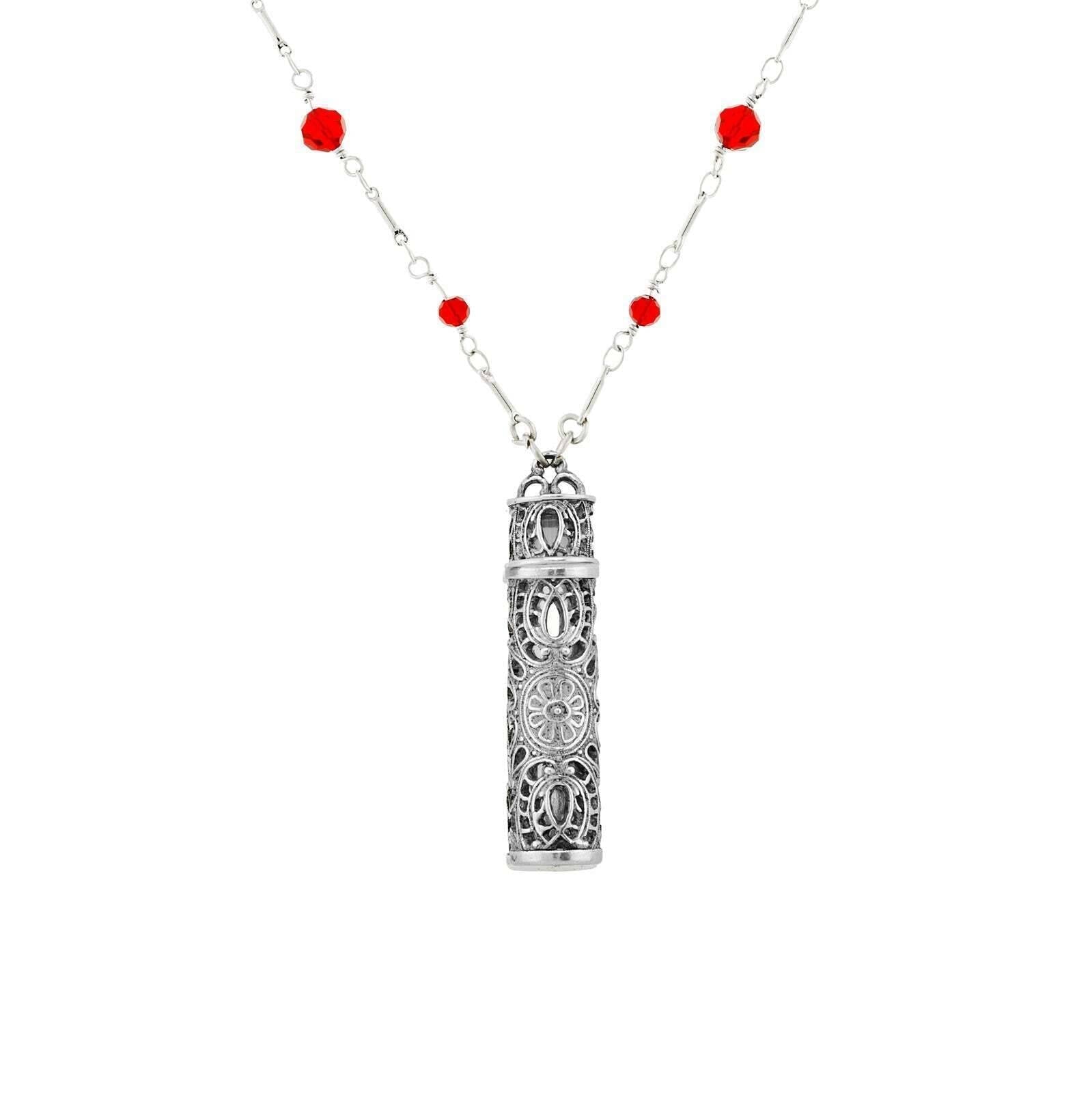 1928 Jewelry Filigrana Glass Vial Red Beaded Necklace 28"