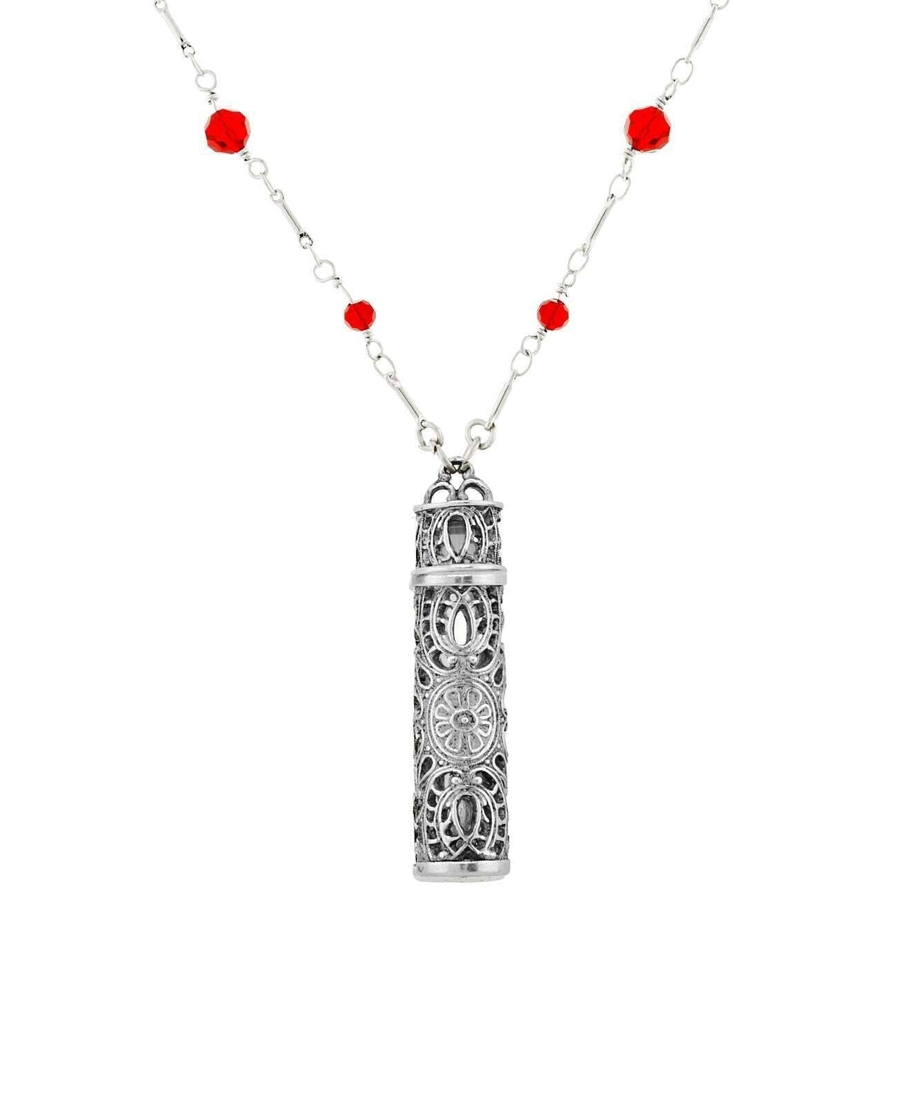 1928 Jewelry Filigrana Glass Vial Red Beaded Necklace 28"