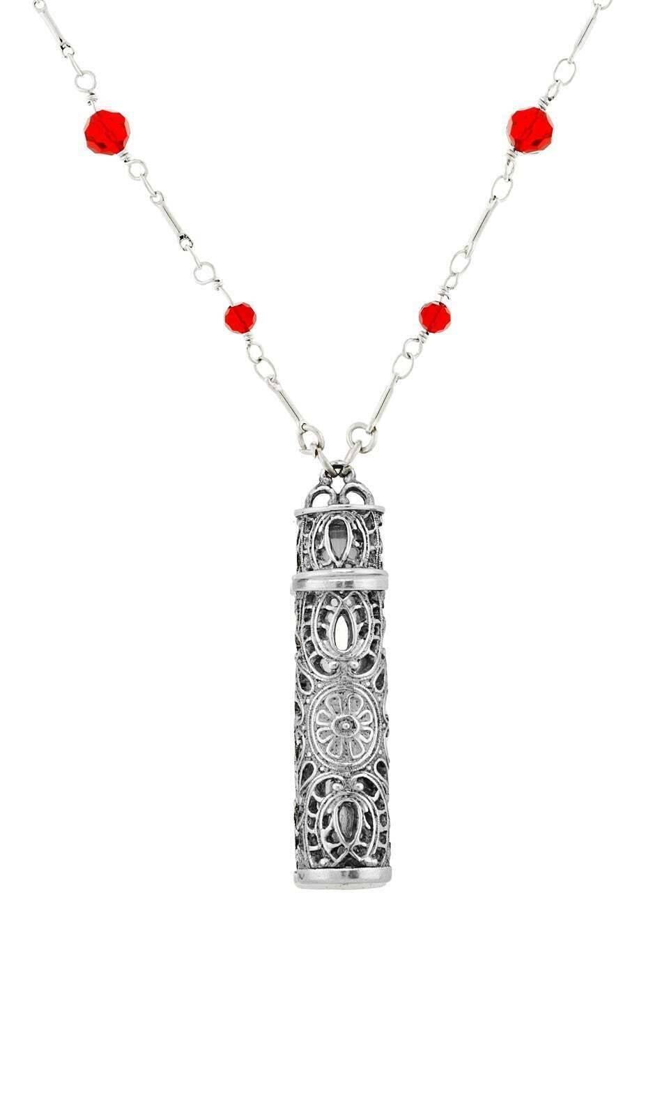 1928 Jewelry Filigrana Glass Vial Red Beaded Necklace 28"