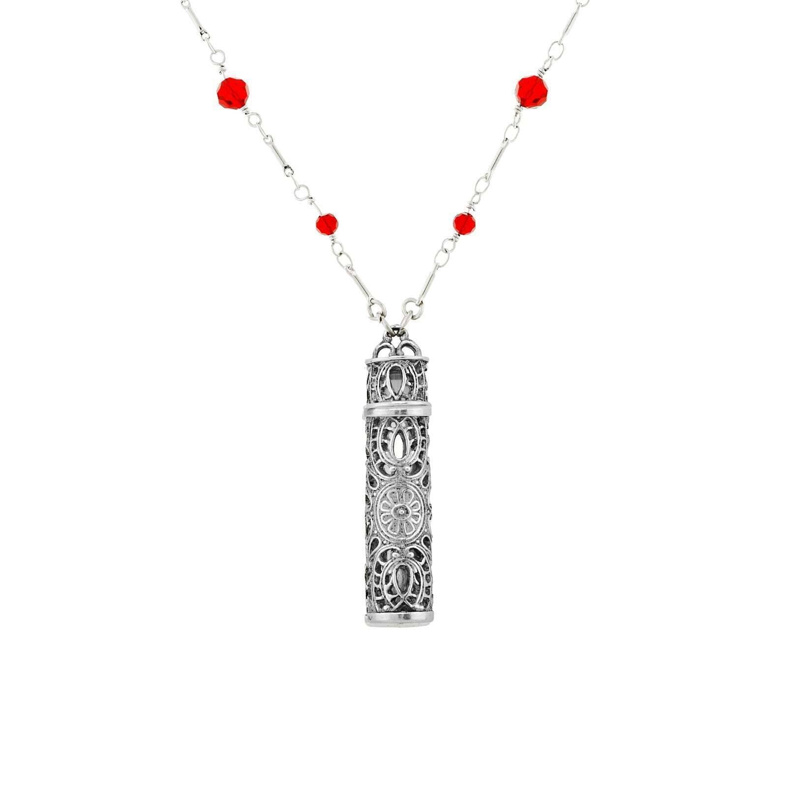 1928 Jewelry Filigrana Glass Vial Red Beaded Necklace 28"
