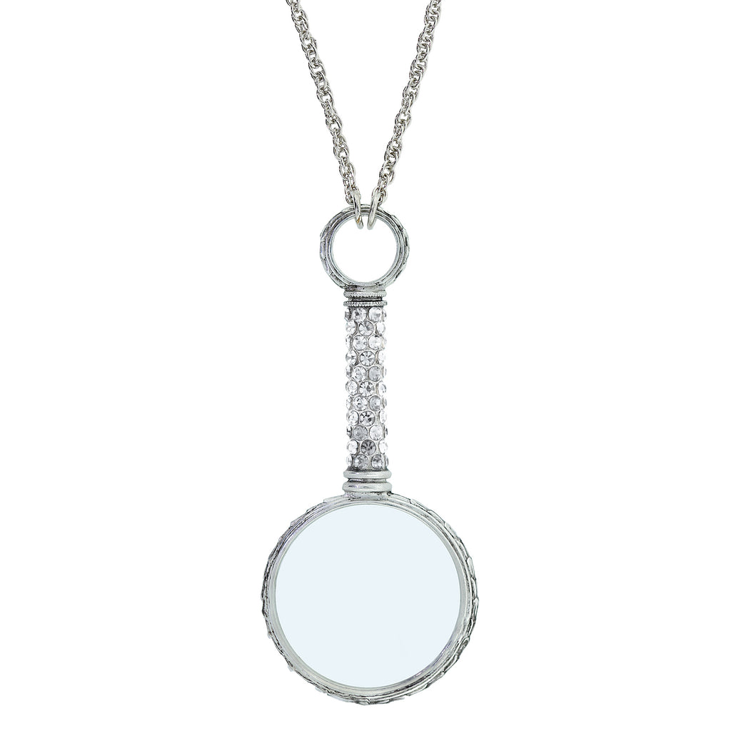 Pewter Crystal Magnifying Glass Necklace 30 In