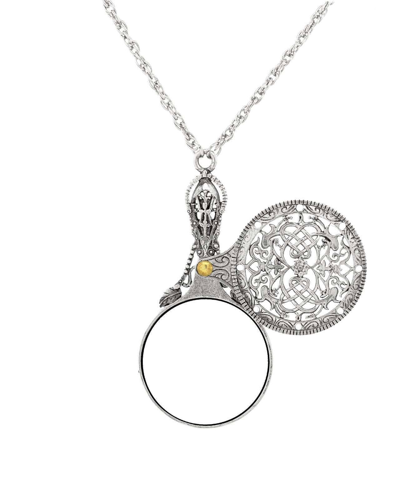 1928 Jewelry Pewter Mirror With Sliding Filigree Cover Pendant Necklace 30"