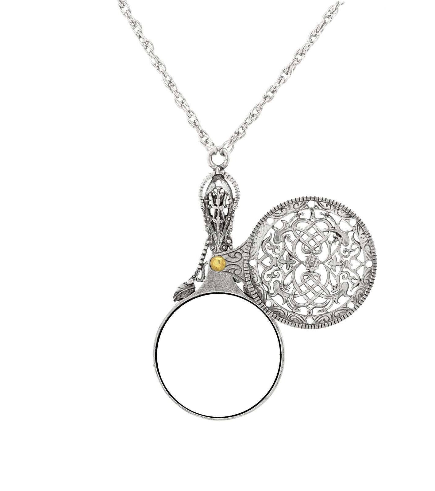 1928 Jewelry Pewter Mirror With Sliding Filigree Cover Pendant Necklace 30"