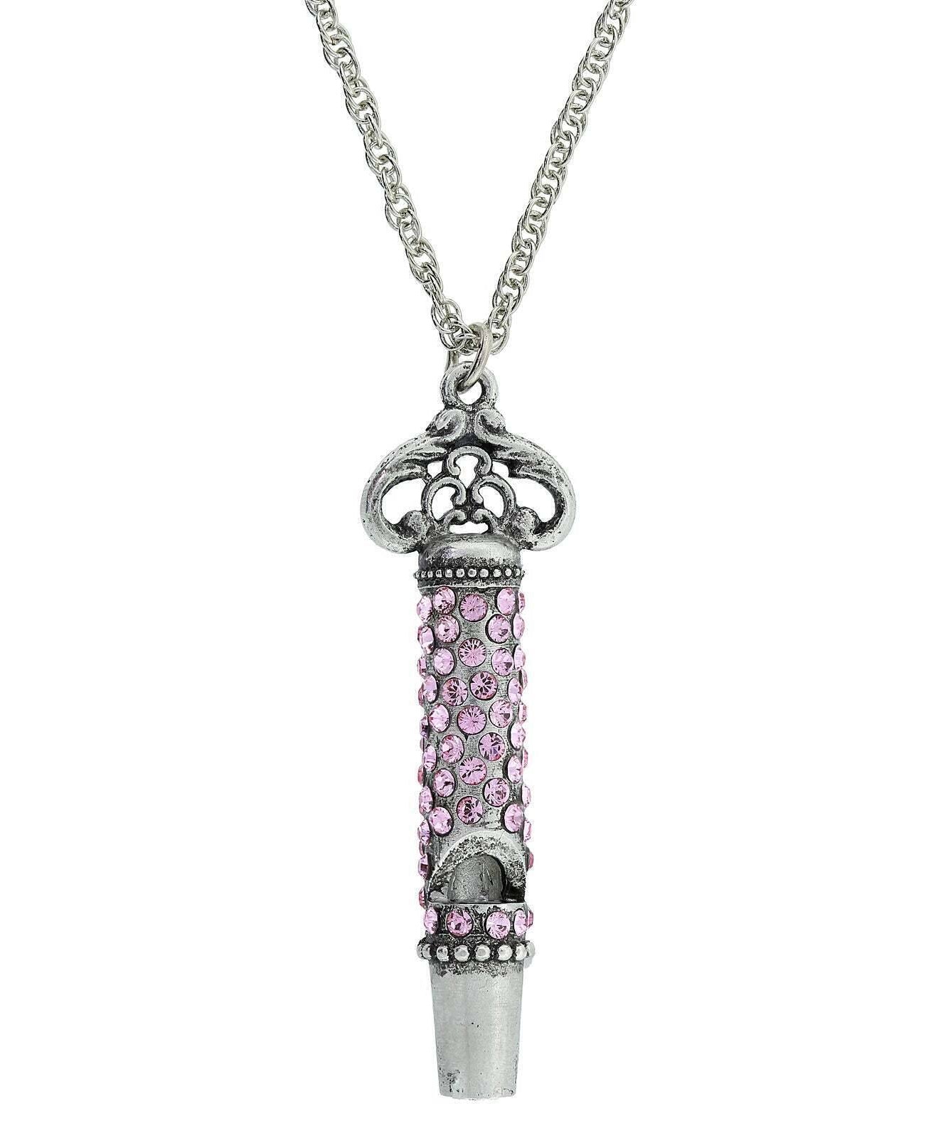 1928 Jewelry Pewter Crystal Pave Decorated Whistle Necklace 30"