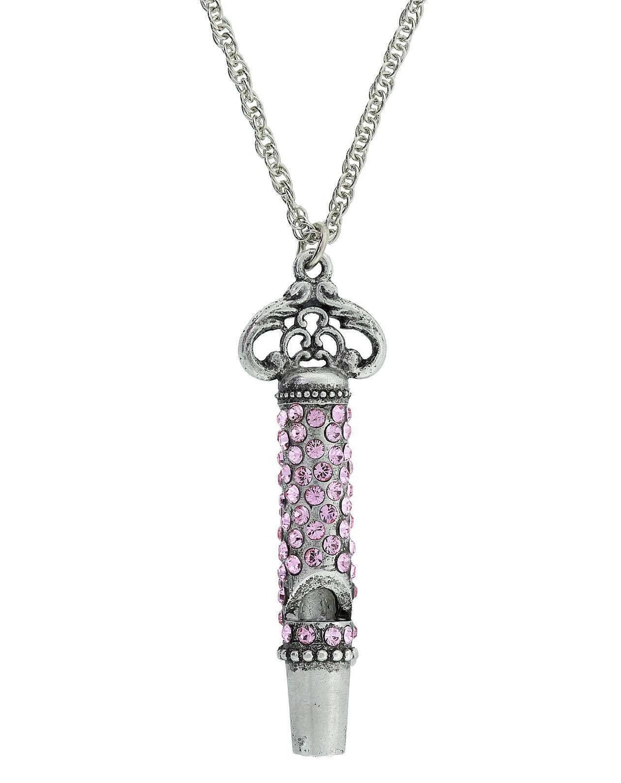 1928 Jewelry Pewter Crystal Pave Decorated Whistle Necklace 30"