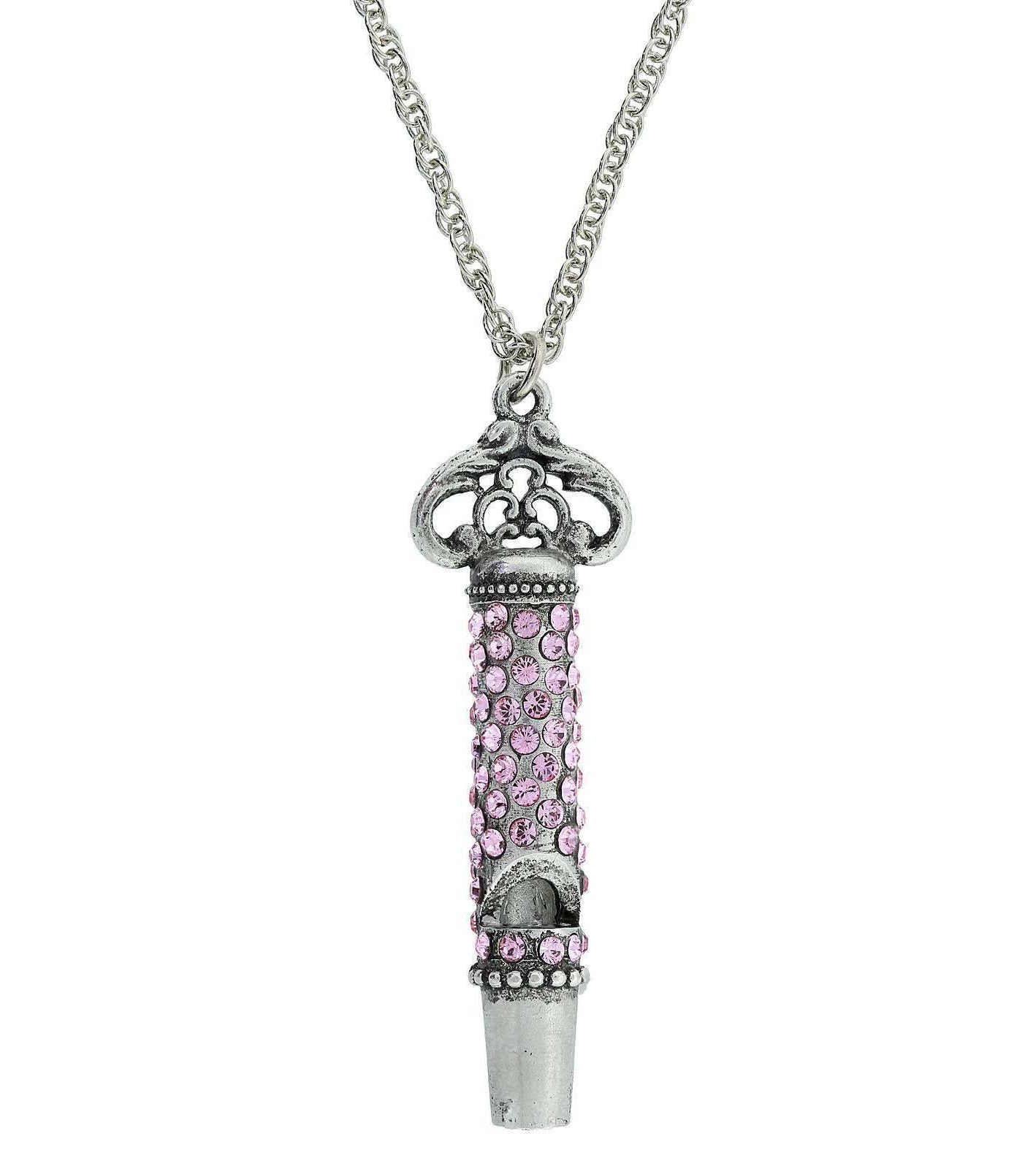 1928 Jewelry Pewter Crystal Pave Decorated Whistle Necklace 30"