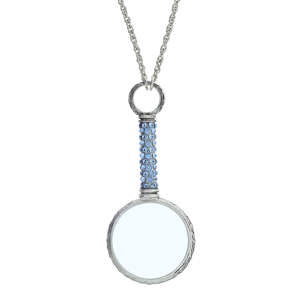 Pewter Crystal Pave Magnifying Glass Necklace Light Blue