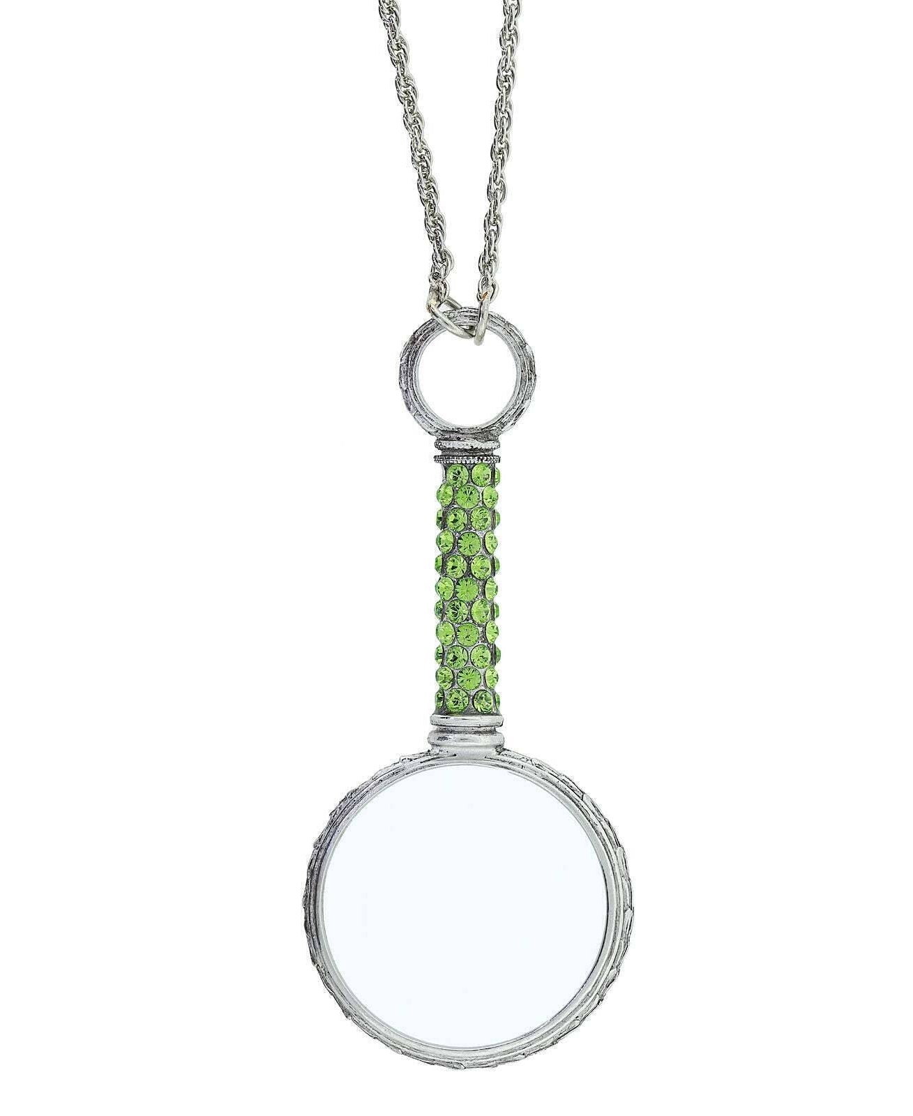 1928 Jewelry Pewter Crystal Magnifying Glass Necklace 30"- Magnification Power: 2-3X