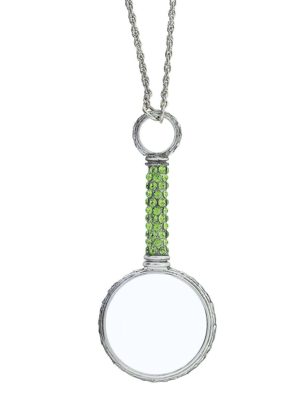 1928 Jewelry Pewter Crystal Magnifying Glass Necklace 30"- Magnification Power: 2-3X