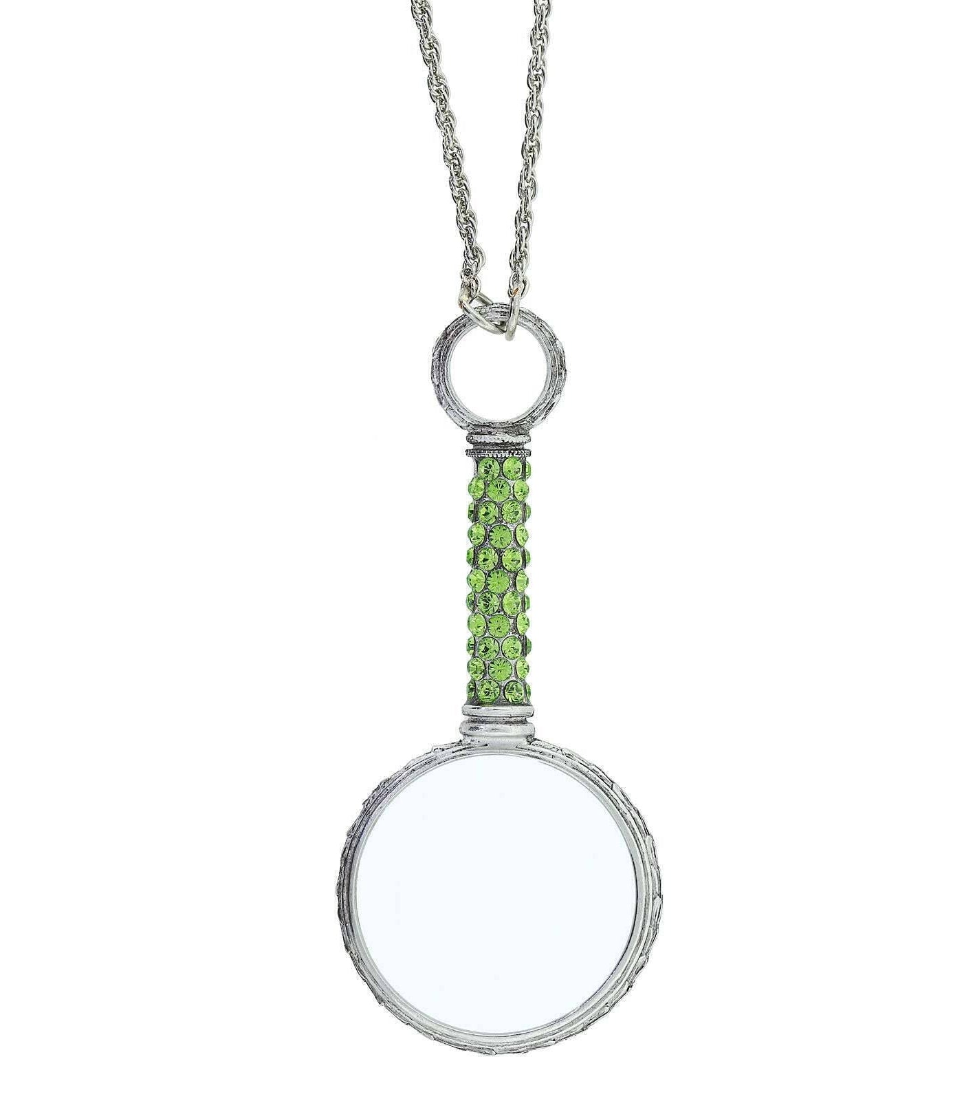 1928 Jewelry Pewter Crystal Magnifying Glass Necklace 30"- Magnification Power: 2-3X