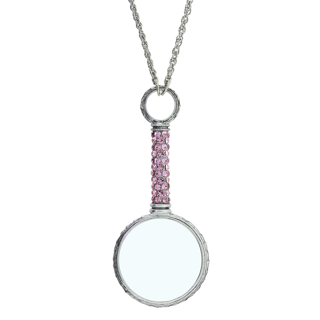 Pewter Crystal Pave Magnifying Glass Necklace Pink