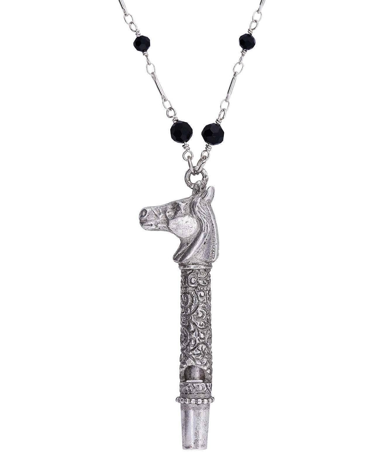 1928 Jewelry Pewter Horse Head Whistle Black Beaded Necklace 30"