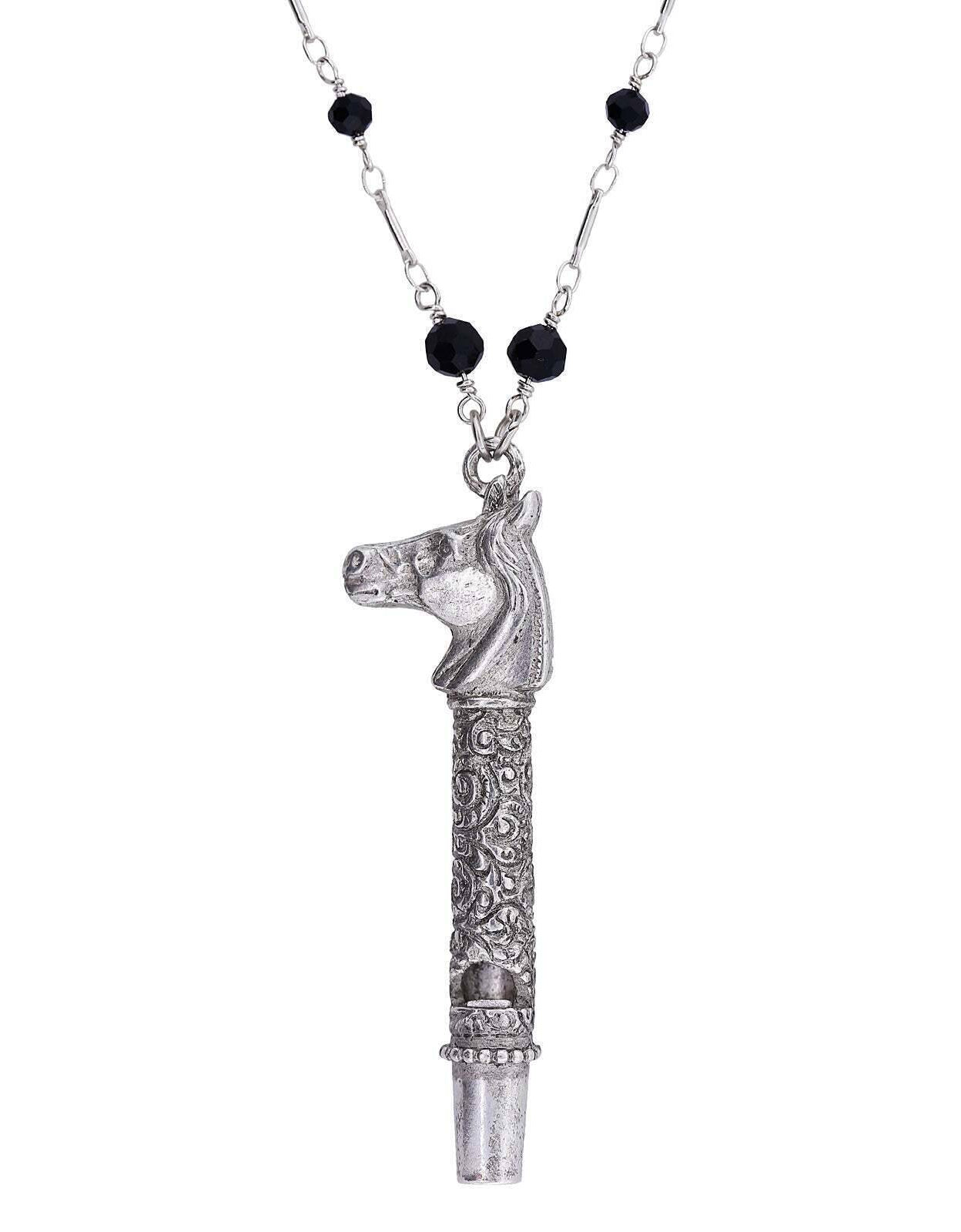 1928 Jewelry Pewter Horse Head Whistle Black Beaded Necklace 30"