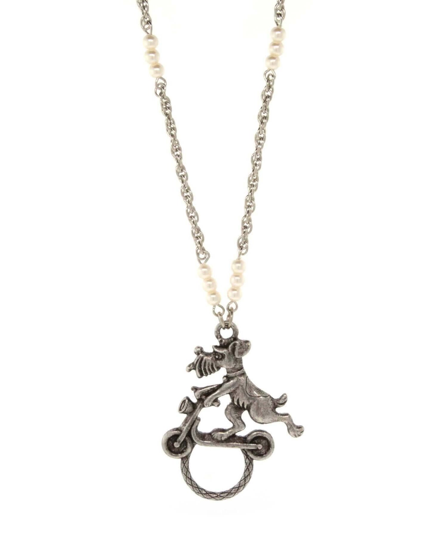 1928 Jewelry Dog On Scooter With Faux Pearl Badge & Eyeglass Holder Chain Necklace 30"