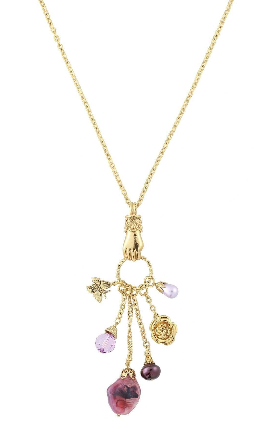 1928 Jewelry Amethyst Color Multi Charm Hand Pendant Necklace 30"