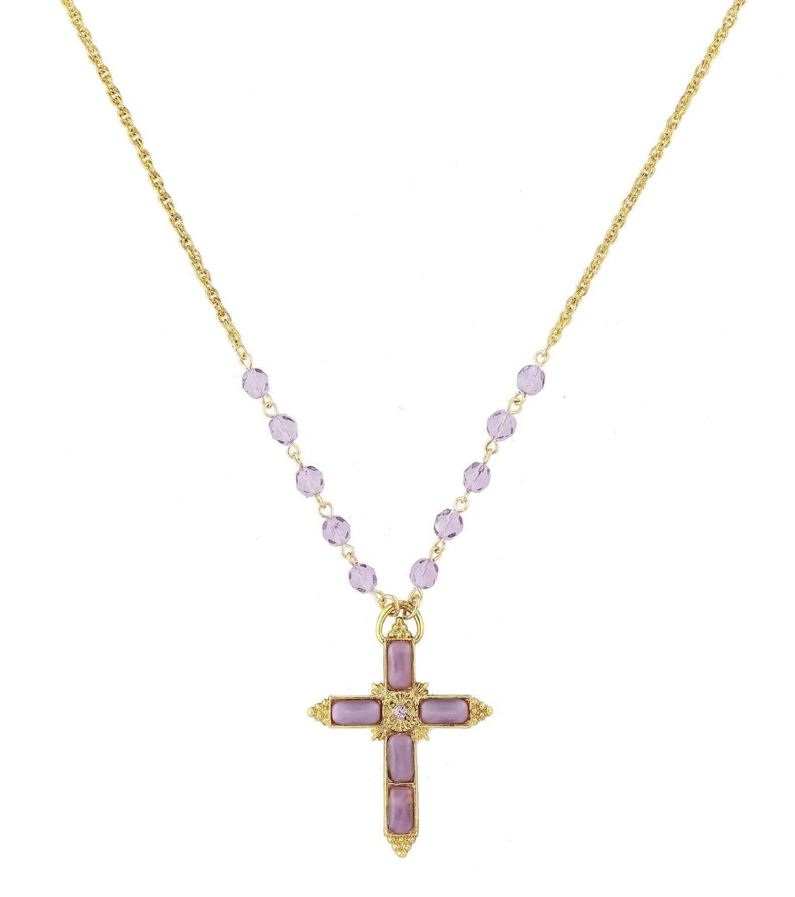 1928 Jewelry Amethyst Moonstone Cross Pendant & Tanzanite Glass Bead Necklace 28"