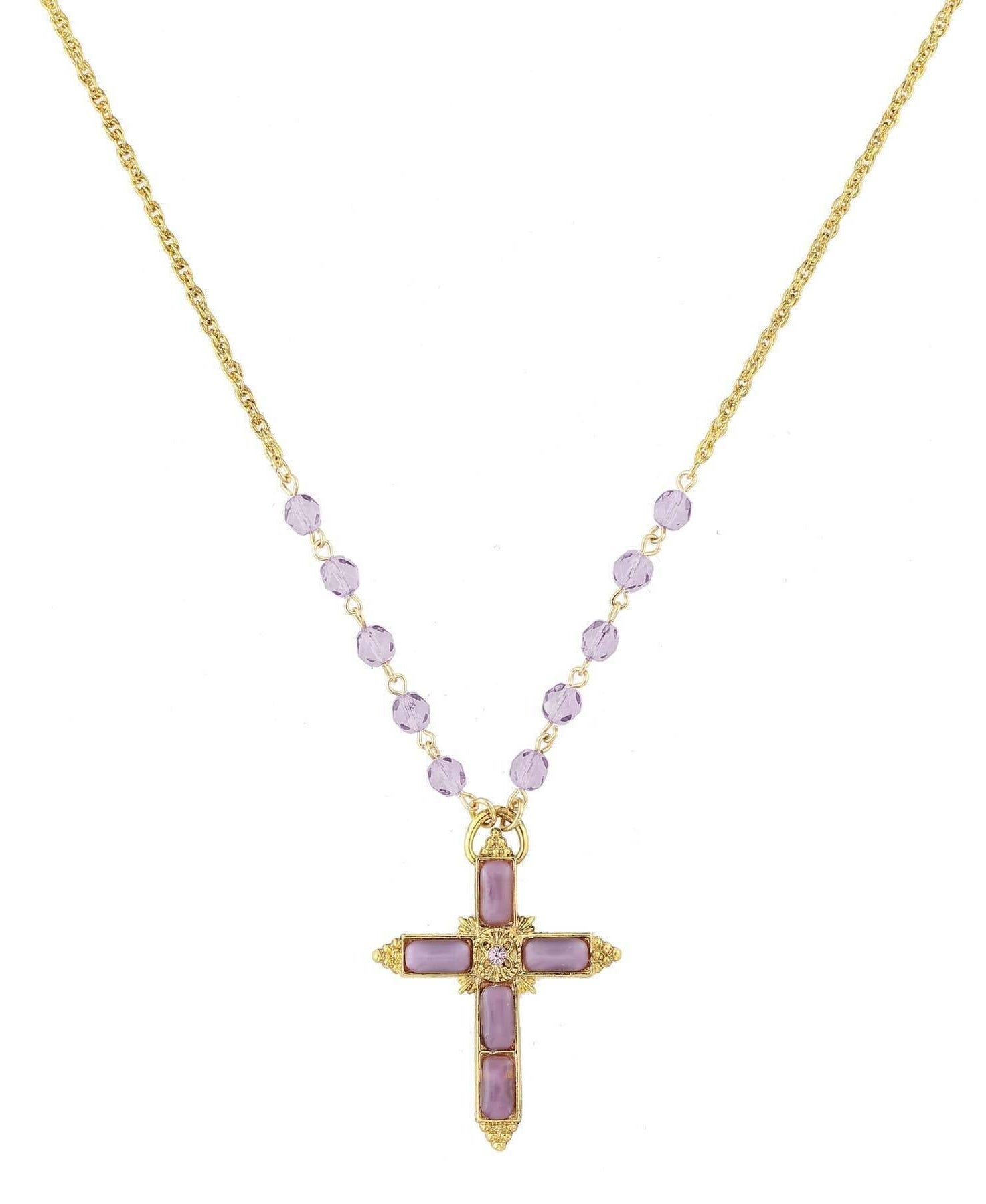 1928 Jewelry Amethyst Moonstone Cross Pendant & Tanzanite Glass Bead Necklace 28"
