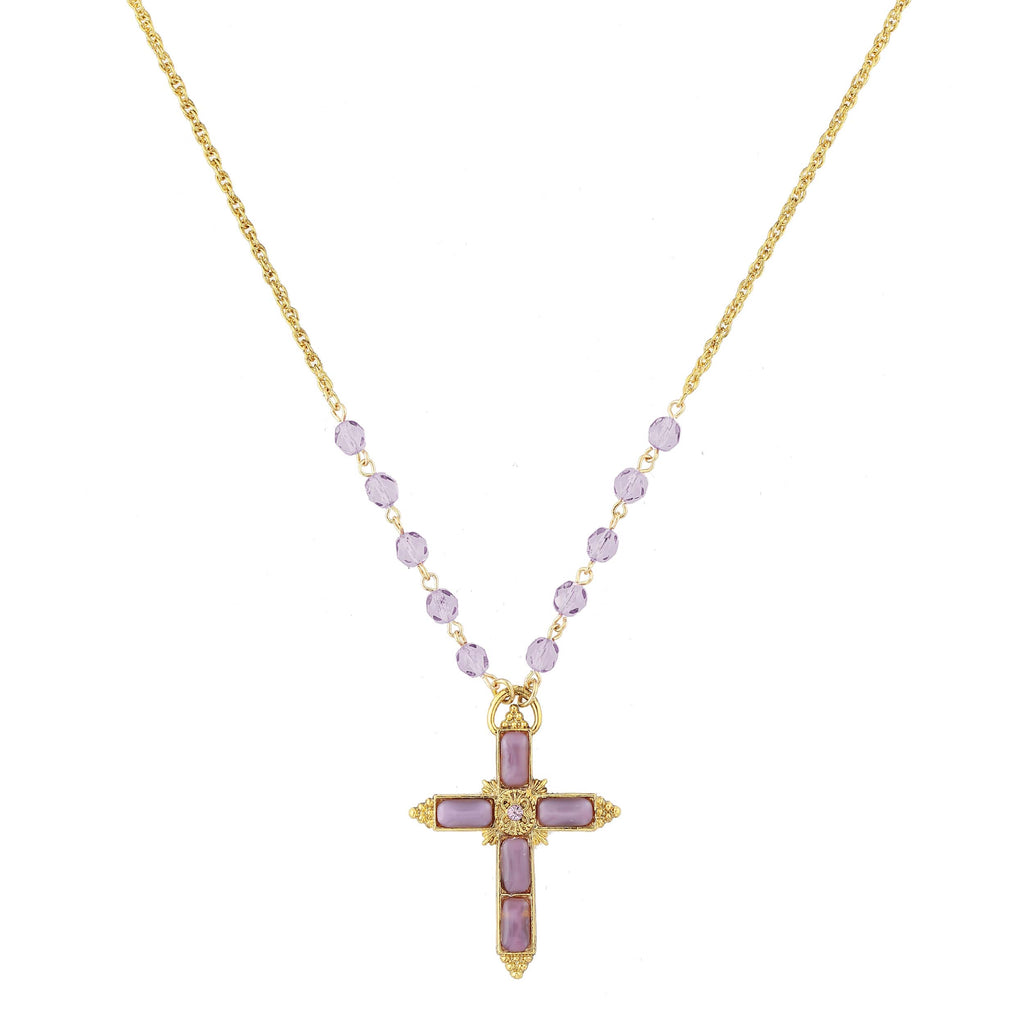 Gold Tone Lt. Amethyst Color Beaded Cross Necklace 28 In