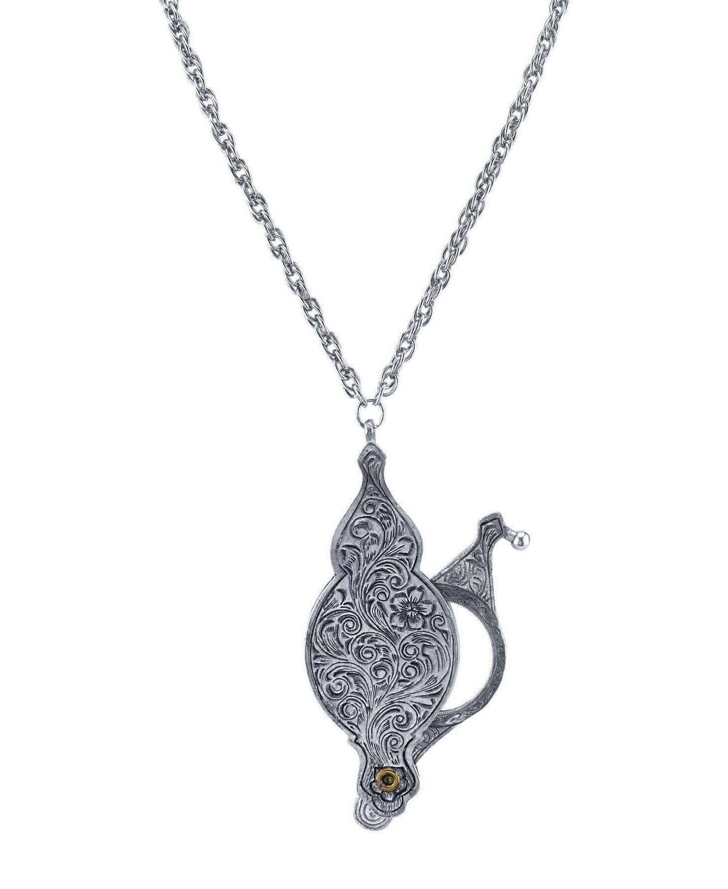 1928 Jewelry Antiqued Pewter Fold Out Magnifying Glass Necklace 30" - Magnification Power: 6-7X