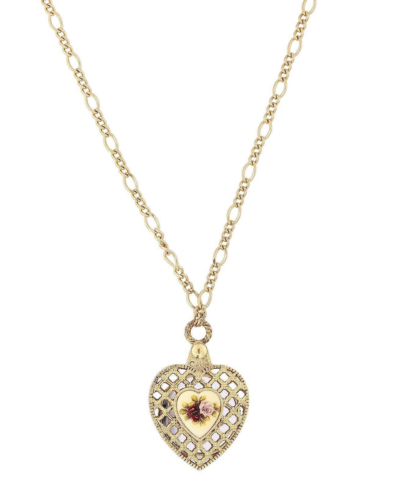 1928 Jewelry Manor House Pink & Purple Rose Heart Mirror Pendant Necklace 30"