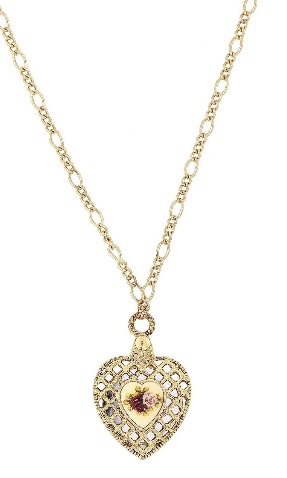 1928 Jewelry Manor House Pink & Purple Rose Heart Mirror Pendant Necklace 30"