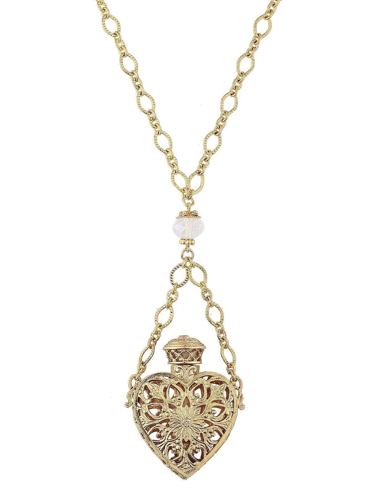 1928 Jewelry Filigree Heart Crystal Accent Glass Vial Necklace 30"