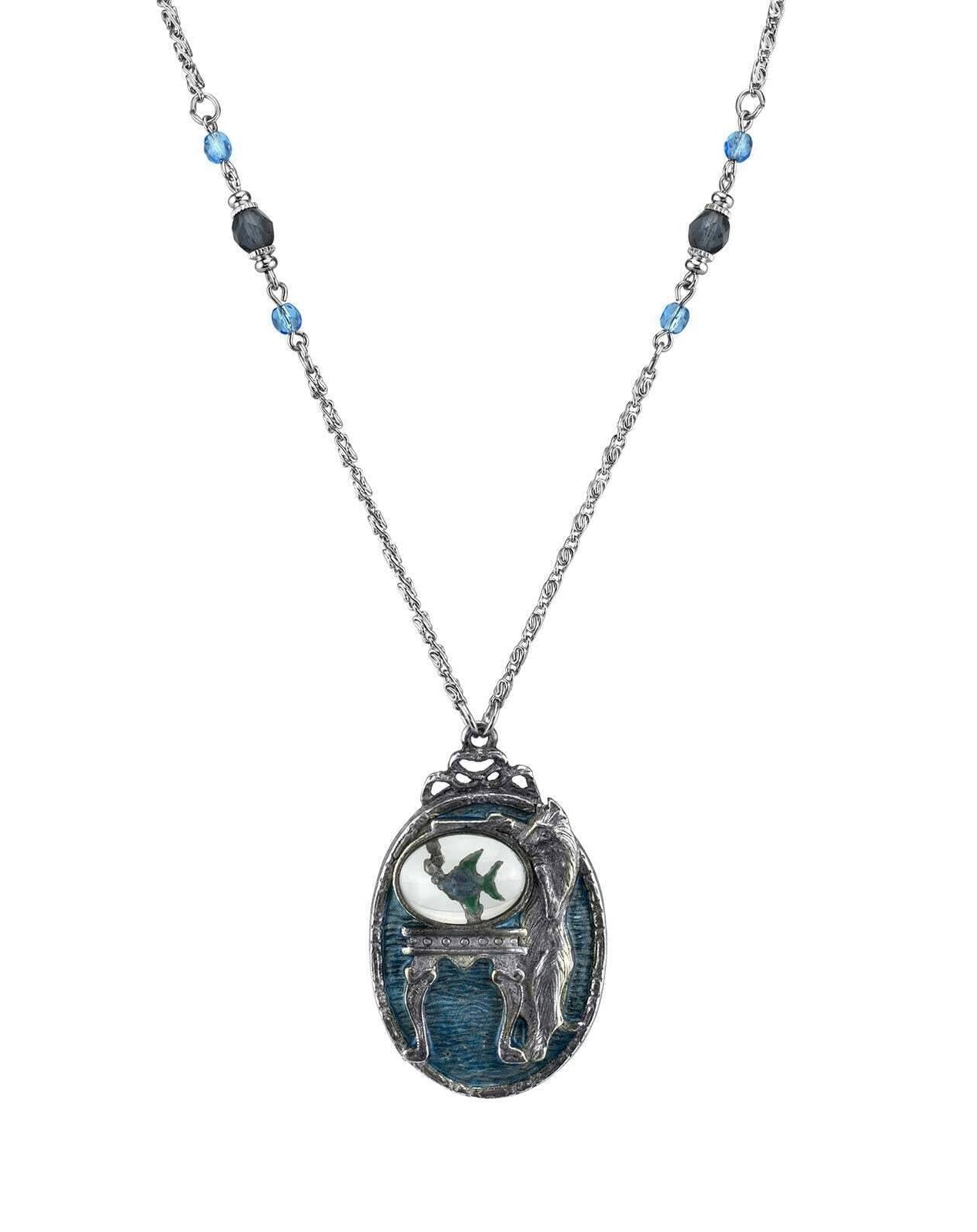 1928 Jewelry Pesky Cat & Fish Blue Enamel Pendant Necklace 30"