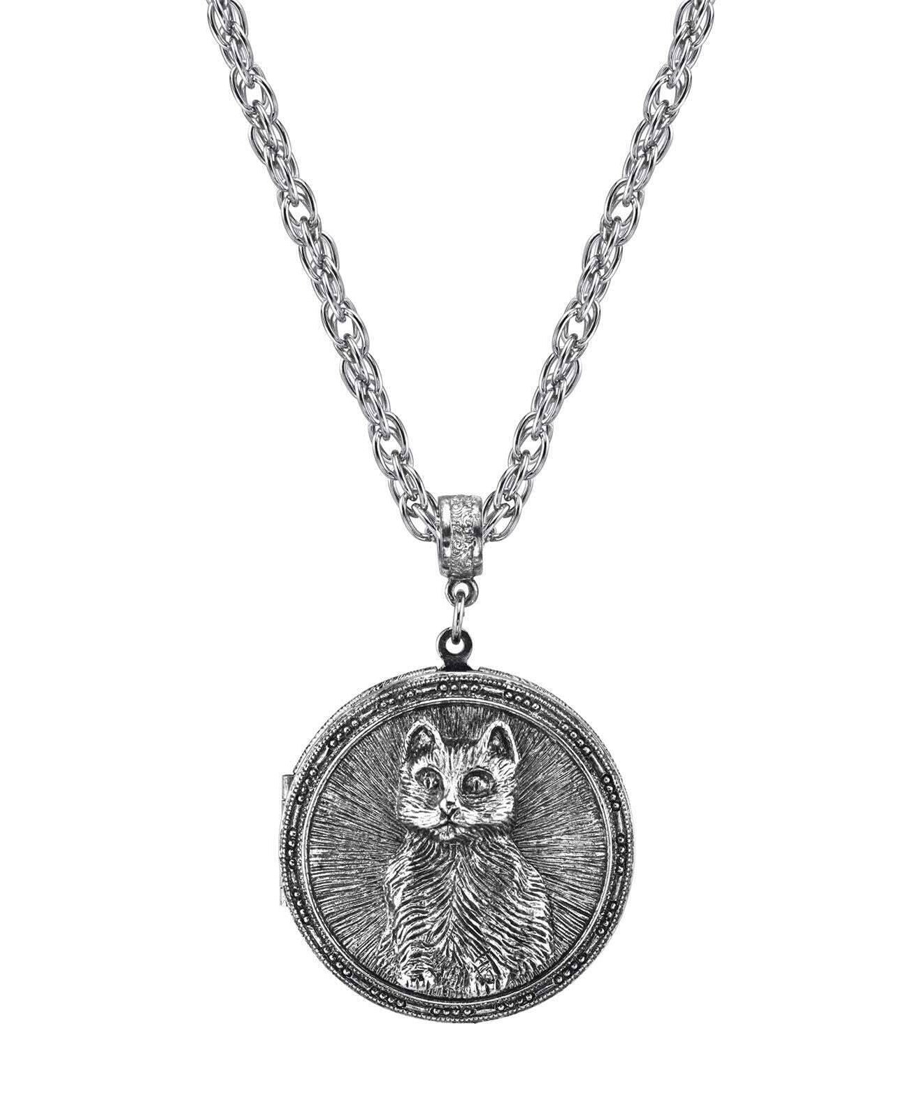 1928 Jewelry Pewter Cat Locket Necklace 30"