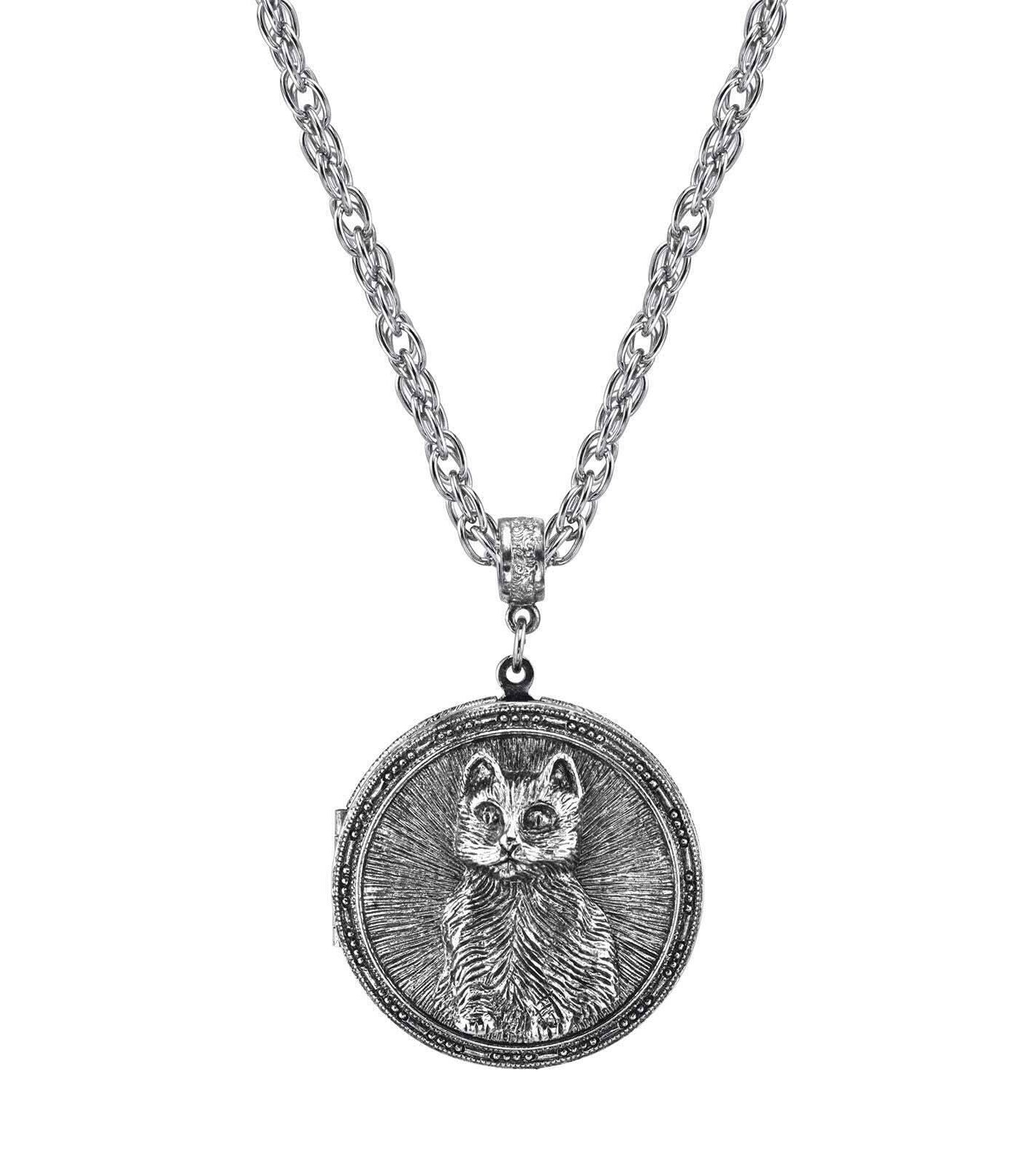 1928 Jewelry Pewter Cat Locket Necklace 30"