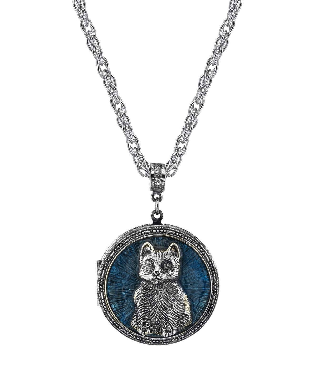 1928 Jewelry Blue Enamel Cat Locket Necklace 30"